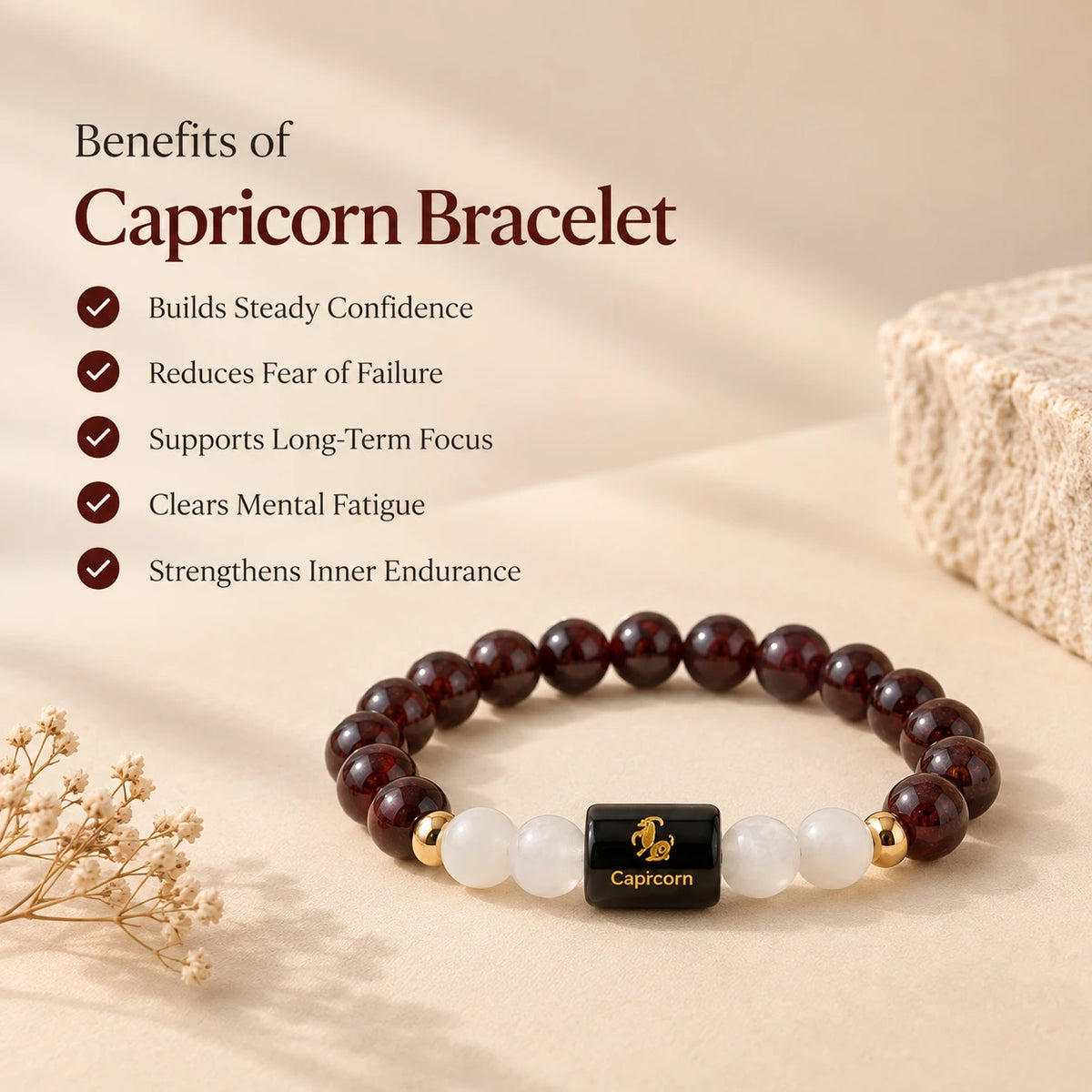 Capricorn (मकर राशि) Zodiac Bracelet - Garnet & Milky Quartz