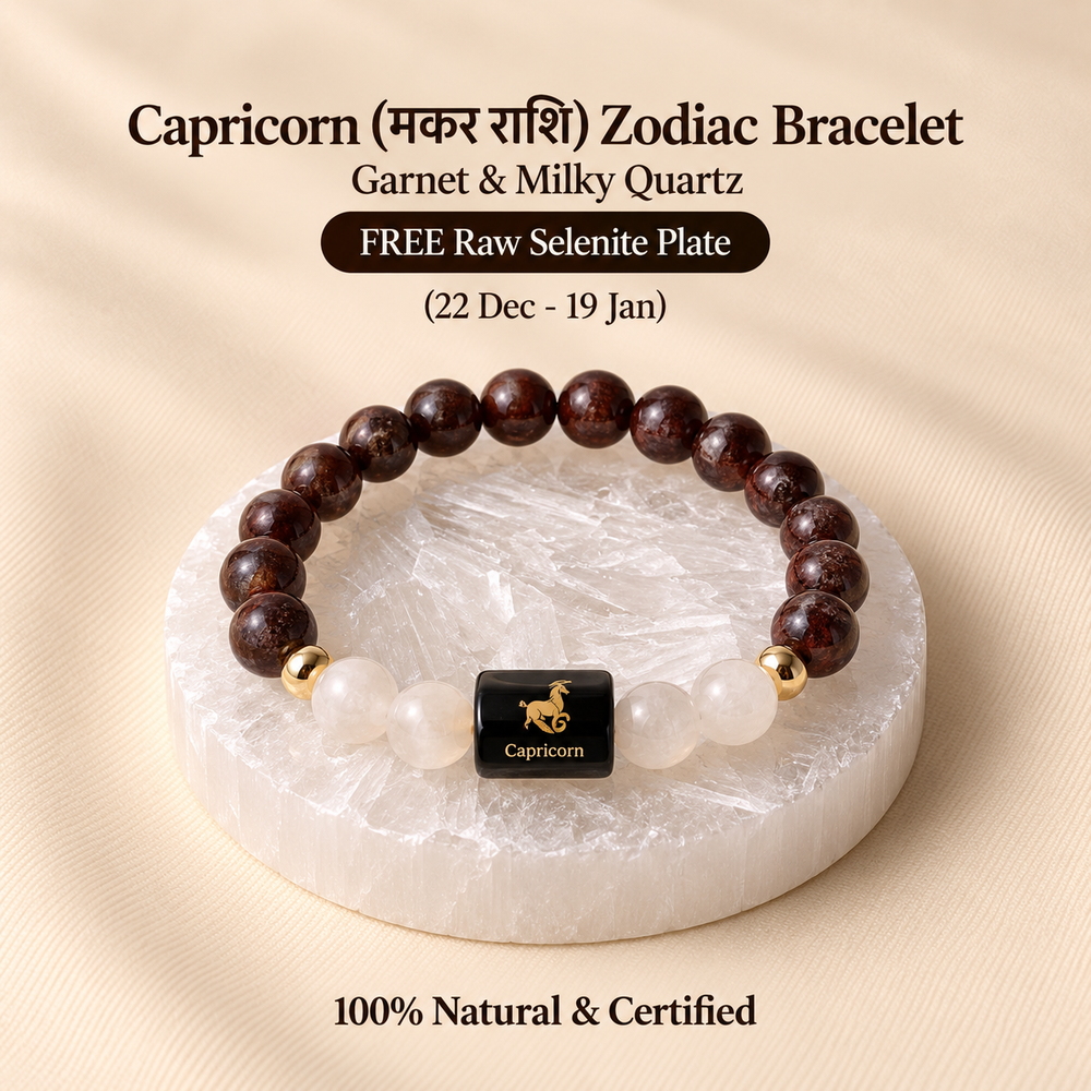 Capricorn (मकर राशि) Zodiac Bracelet - Garnet & Milky Quartz